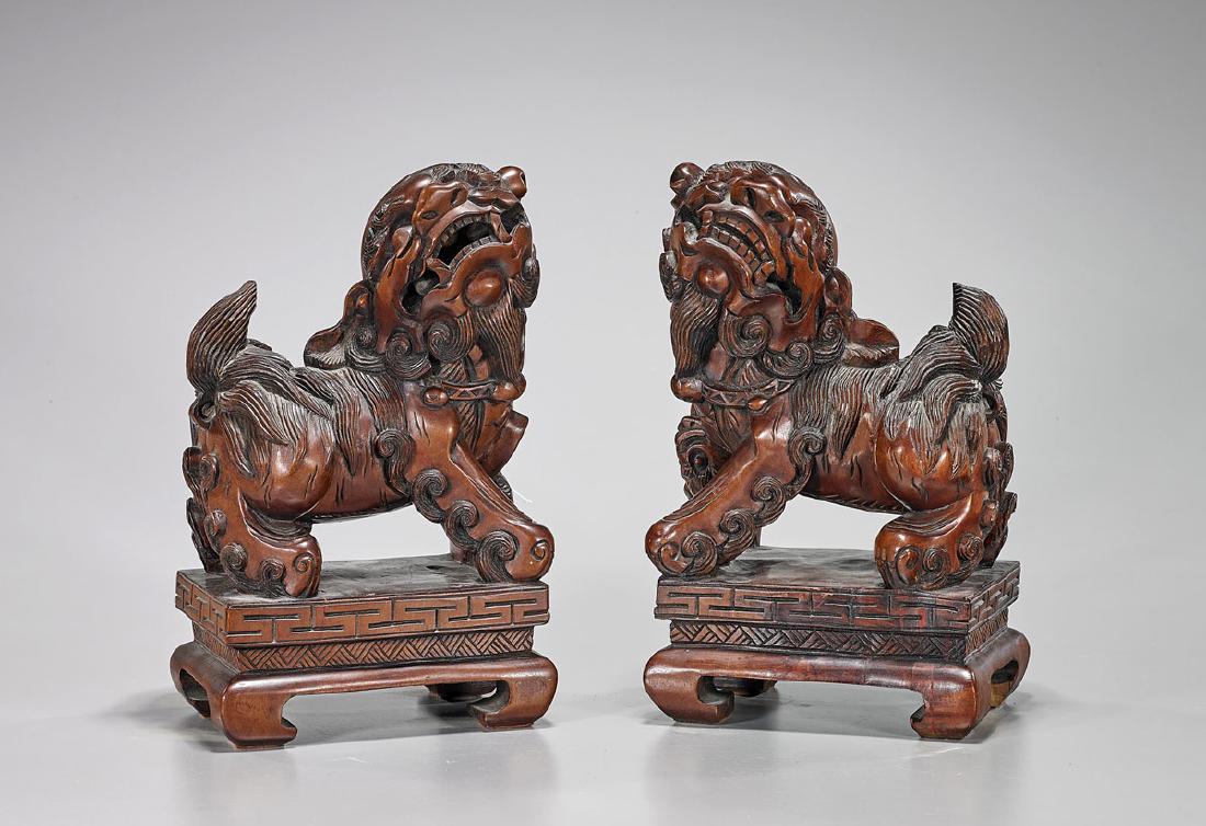 Pair Chinese Carved Wood Fo Lions (1 of 1)