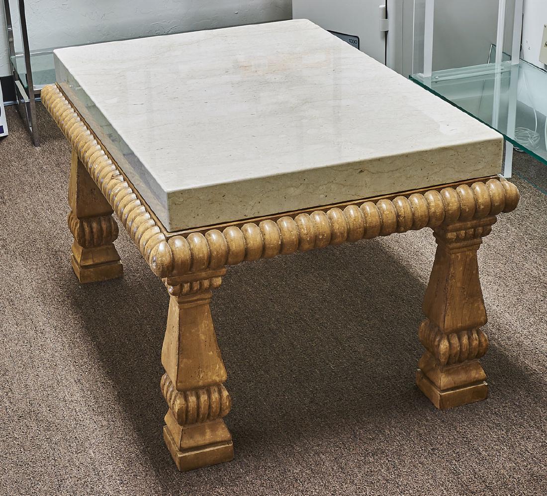 Travertine & Wood Table: Travertine and wood table; 23" x 40" x 28" (approx.)