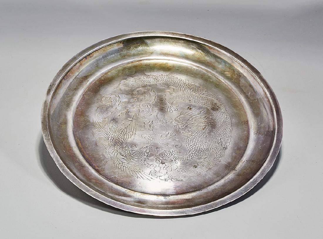 Chinese Incised Silver Dish: Chinese incised silver 'dragon' dish; marked Lao Feng Xiang to base; weighing approx. 7 troy oz.; D: 8 3/8" (approx.)