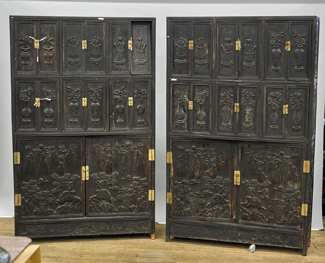 Pair Chinese Carved Hardwood Scholar's Cabinets (1 of 1)