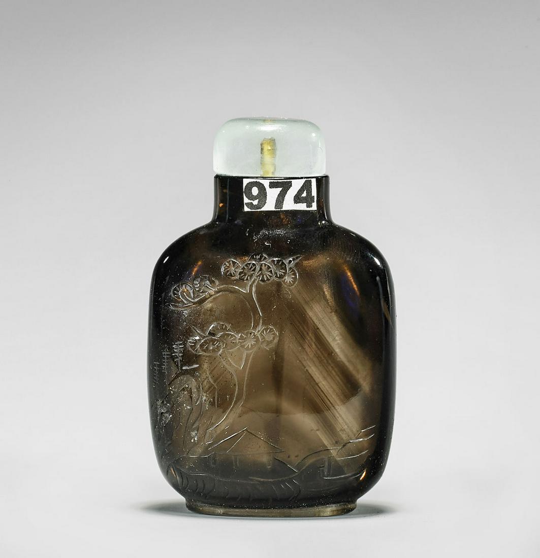 ANTIQUE CARVED SMOKEY QUARTZ SNUFF BOTTLE (1 of 3)