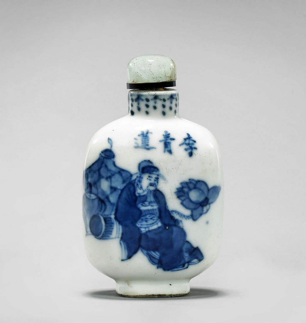 ANTIQUE BLUE & WHITE PORCELAIN SNUFF BOTTLE (1 of 4)