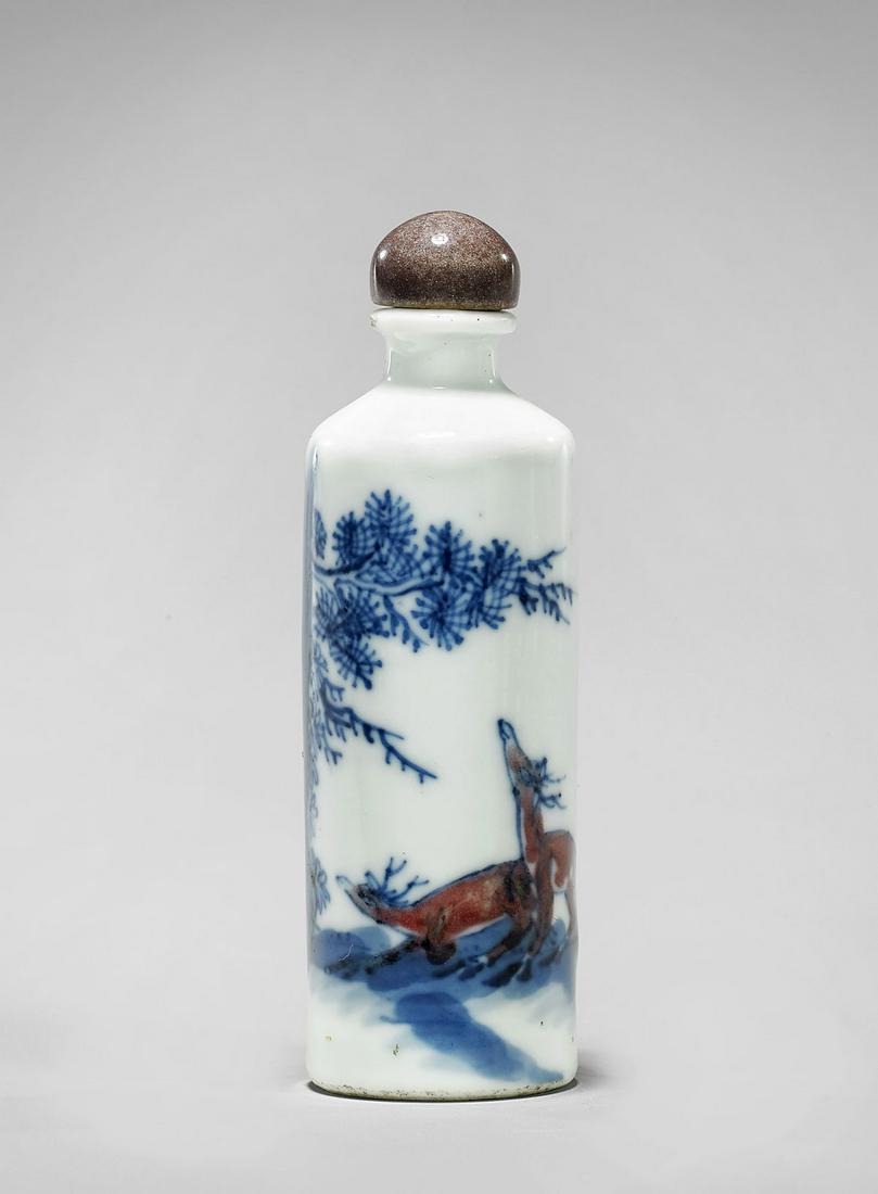 ANTIQUE BLUE & COPPER-RED PORCELAIN SNUFF BOTTLE (1 of 4)
