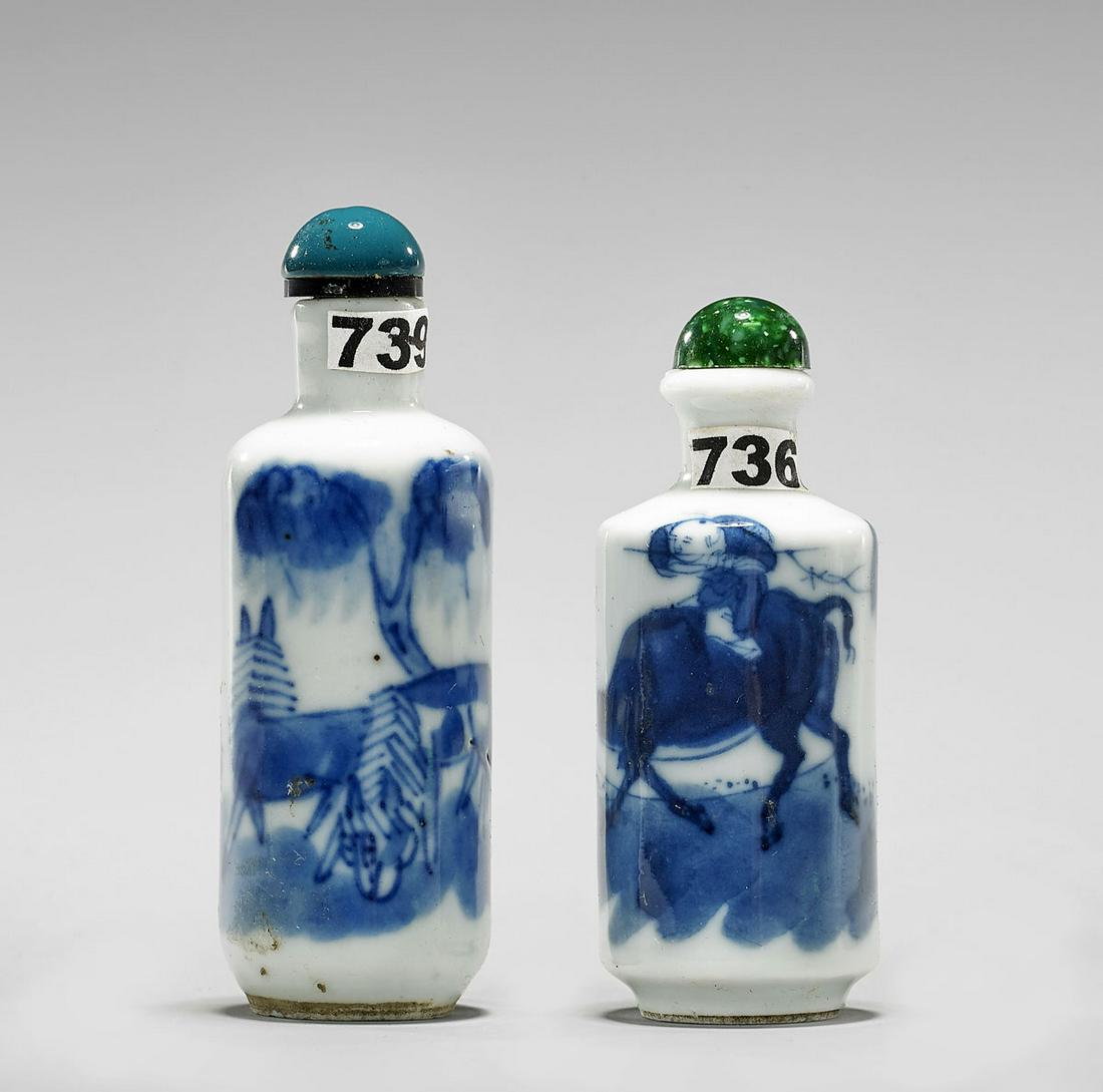 TWO ANTIQUE PORCELAIN BLUE & WHITE SNUFF BOTTLES (1 of 3)