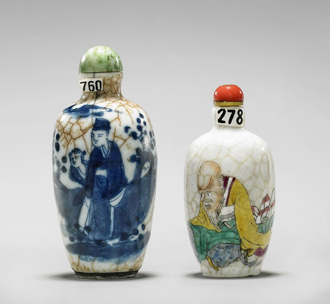 TWO ANTIQUE CRACKLE-GLAZED PORCELAIN SNUFF BOTTLES (1 of 3)