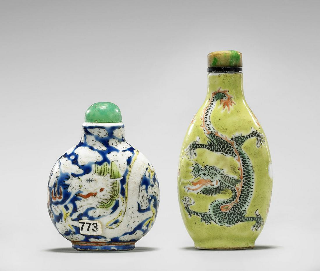 TWO ANTIQUE ENAMELED PORCELAIN DRAGON SNUFF BOTTLES (1 of 4)