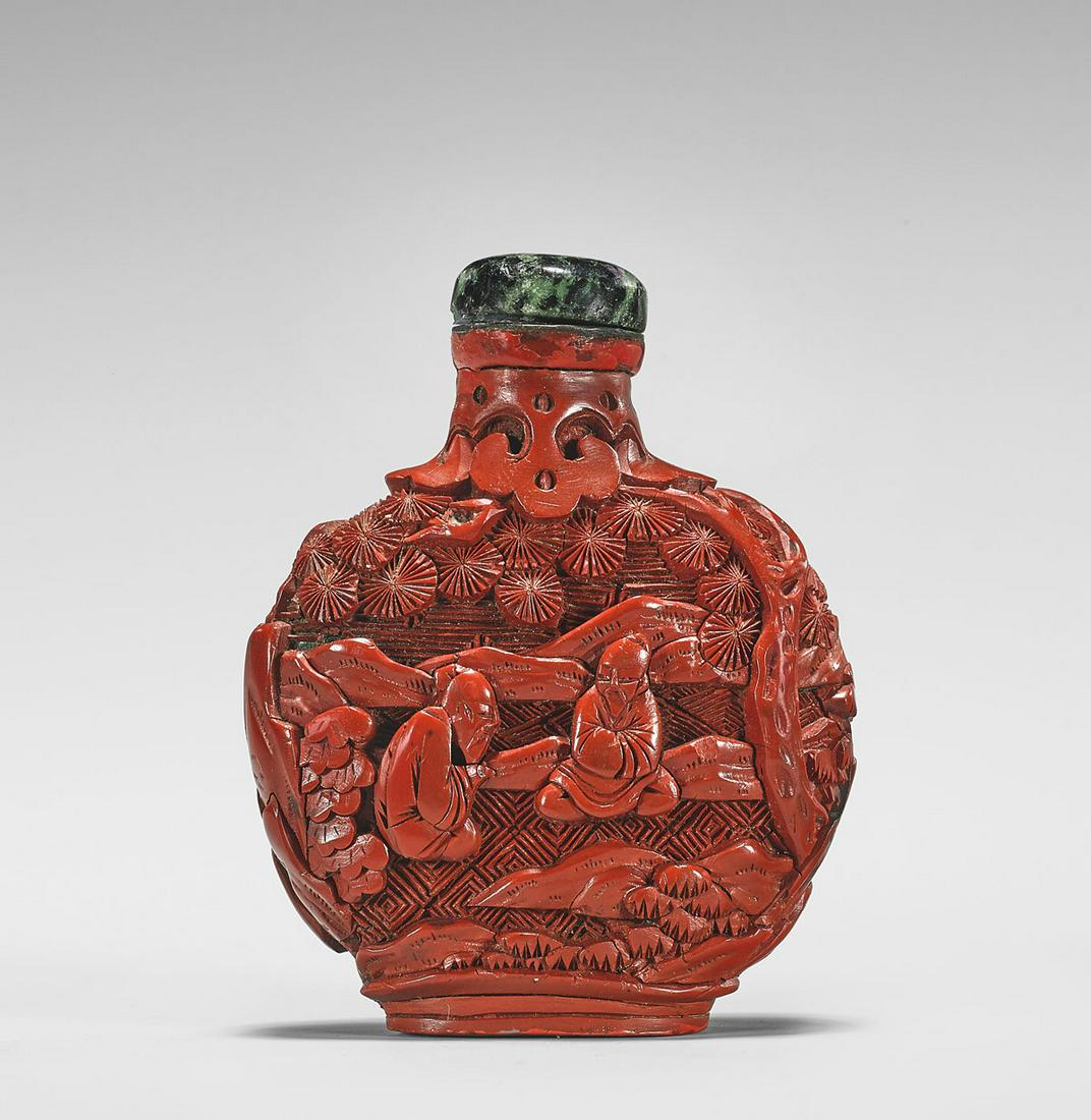 ANTIQUE CARVED CINNABAR LACQUER SNUFF BOTTLE (1 of 3)