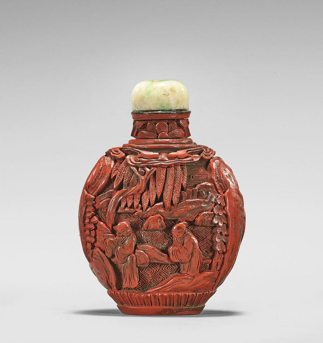 ANTIQUE CARVED CINNABAR LACQUER SNUFF BOTTLE (1 of 3)