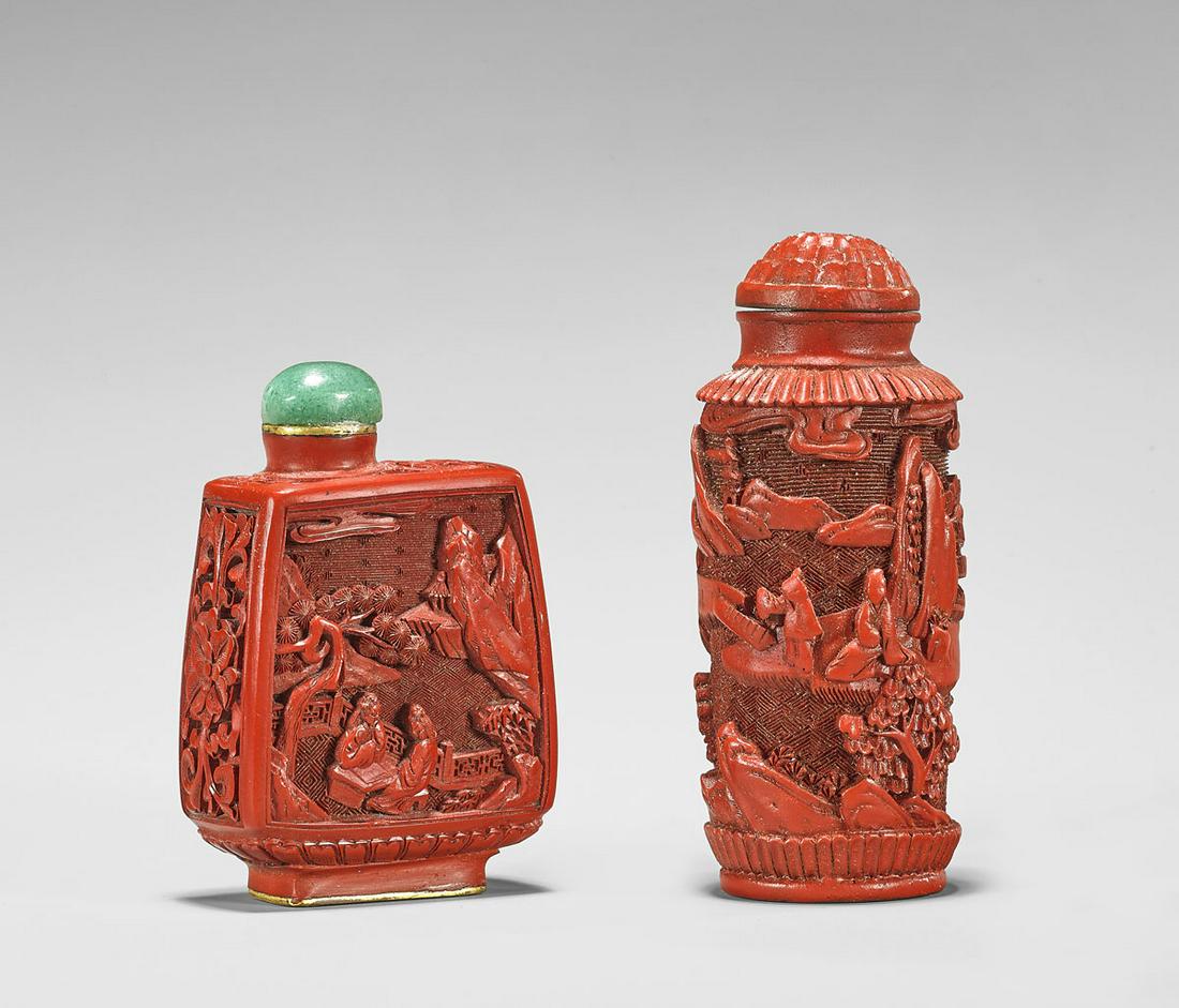 TWO IMITATION CINNABAR LACQUER SNUFF BOTTLES (1 of 3)