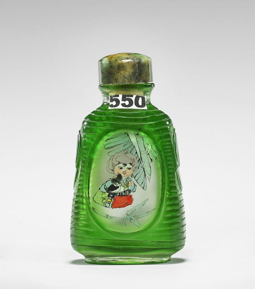 INSIDE-PAINTED GREEN OVERLAY GLASS SNUFF BOTTLE (1 of 3)