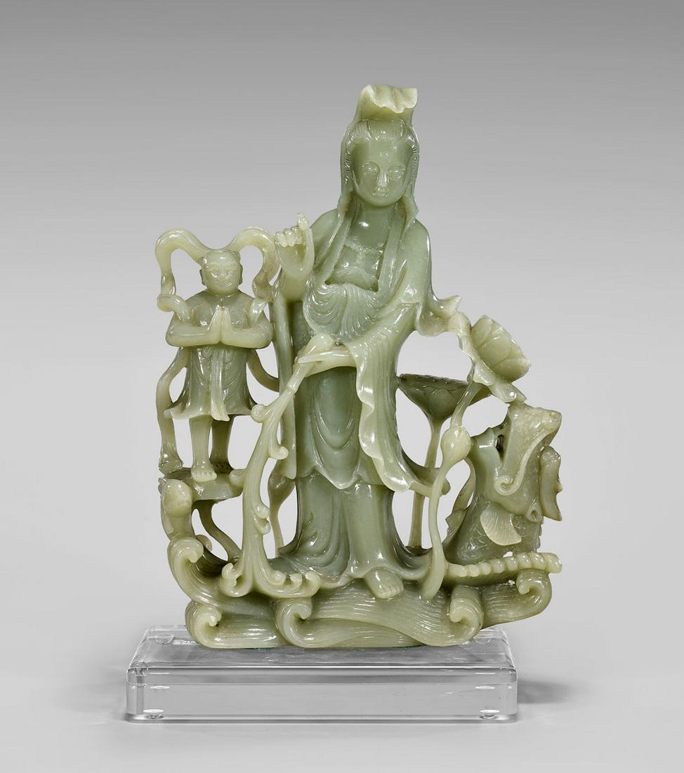 JADE FIGURAL GROUP: Guanyin & Attendant (1 of 2)