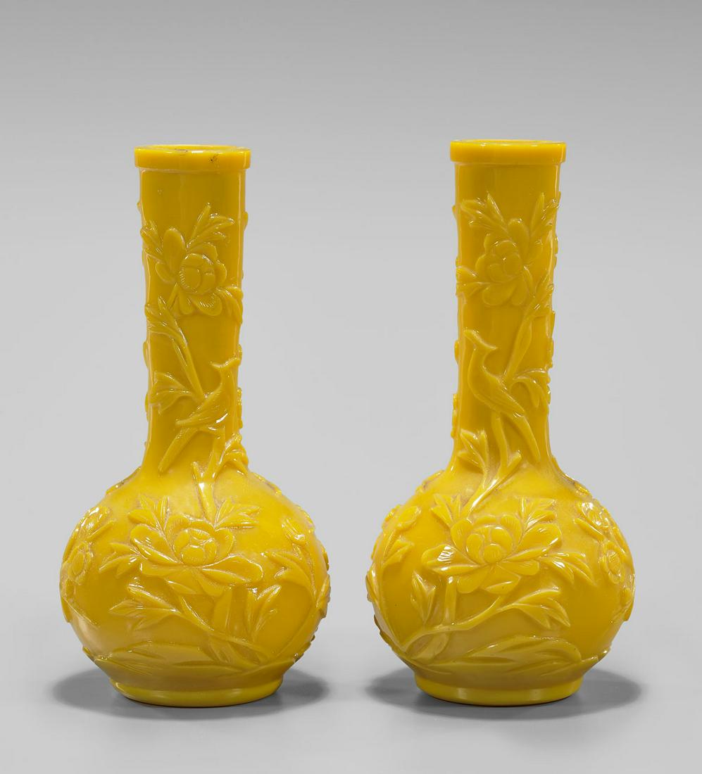 PAIR CHINESE CARVED YELLOW GLASS VASES (1 of 4)