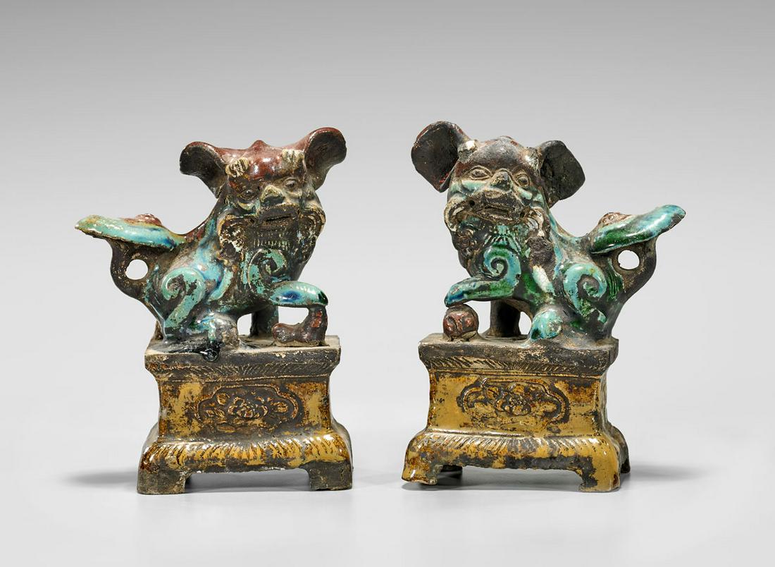 PAIR CHINESE GLAZED JOSS STICK HOLDERS (1 of 4)