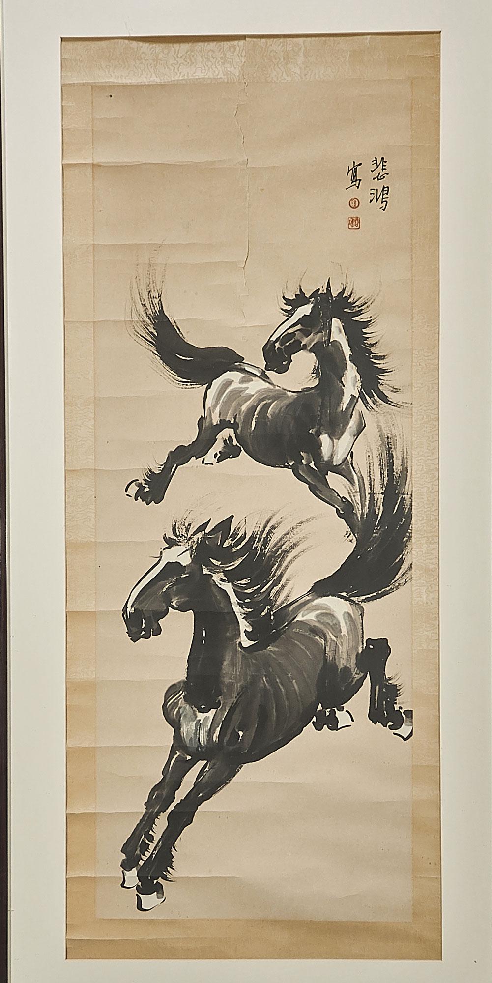 Painting After Xu Beihong: Chinese painting on paper after Xu Beihong; signed, with seal mark; 46" x 18 1/2" (sight, approx.); framed