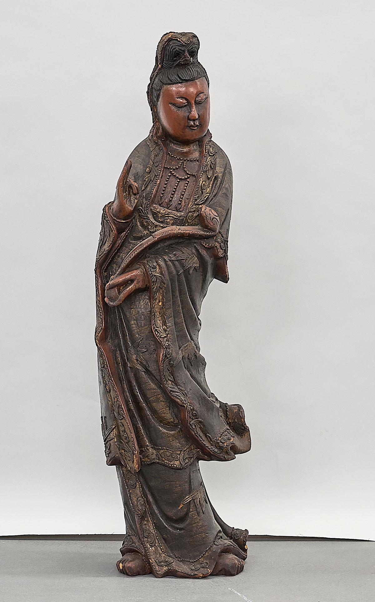 Tall Chinese Lacquered Wood Figure of Guanyin: Tall Chinese carved and lacquered wood standing figure of Guanyin; H: 36"