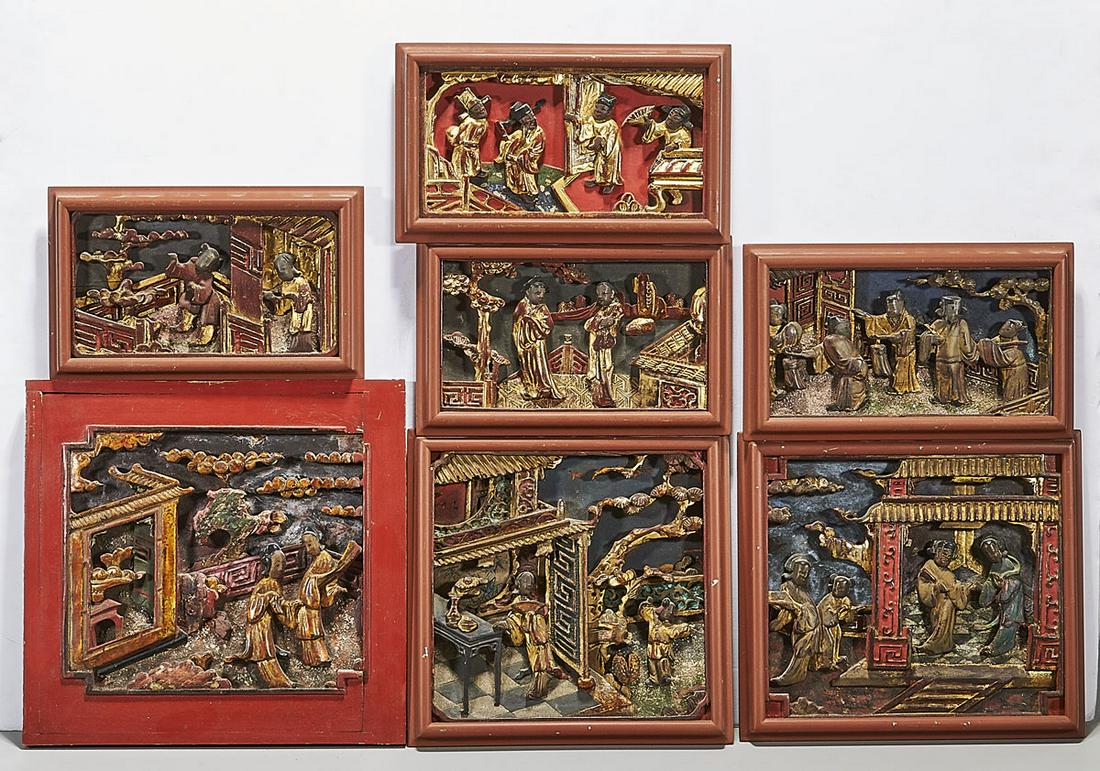 Seven Antique Parcel-Gilt & Polychrome Wood Panels (1 of 1)