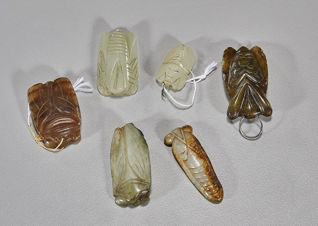 Six Chinese Carved Jade & Hardstone Cicadas (1 of 2)