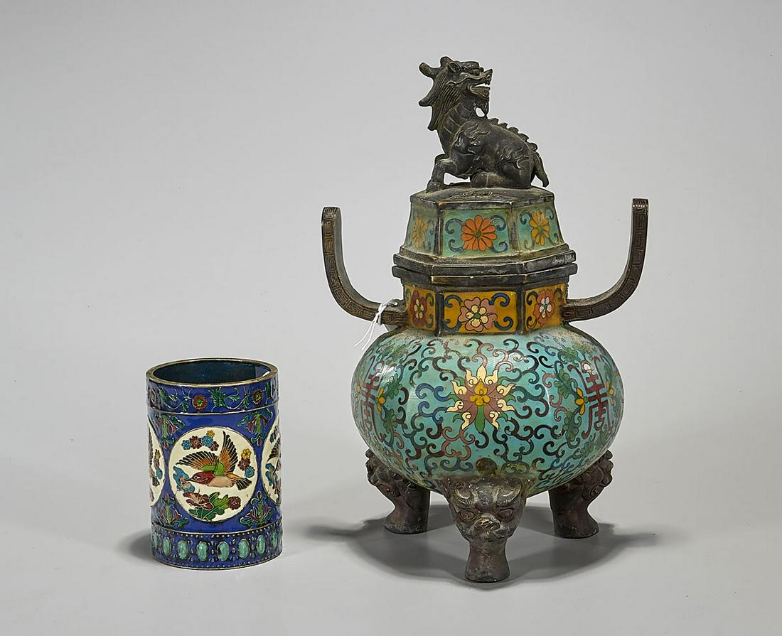 Two Chinese Enamel Pieces: Brushpot & Censer (1 of 3)