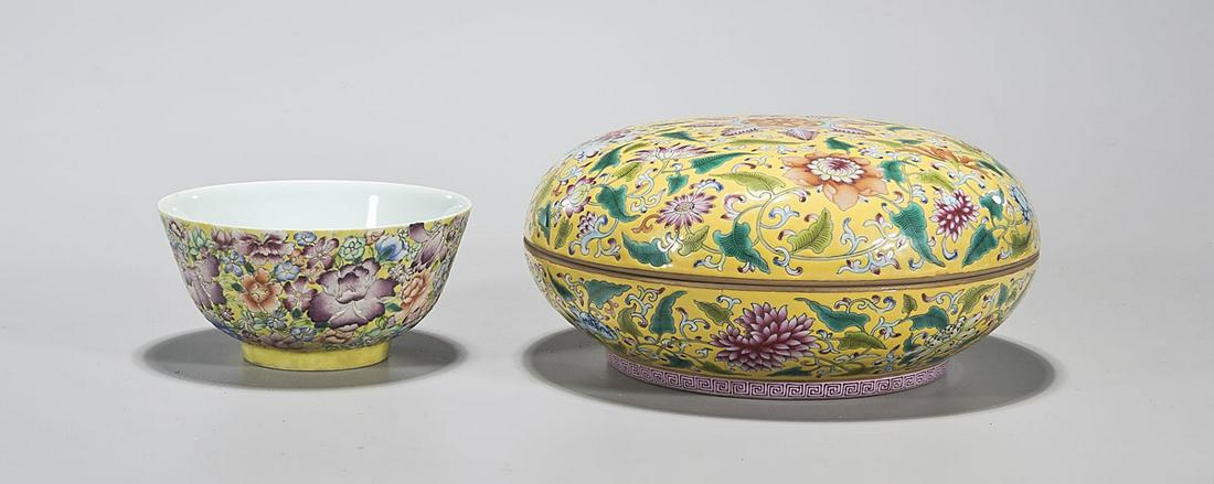 Two Chinese Yellow Ground Famille Rose Porcelains (1 of 3)