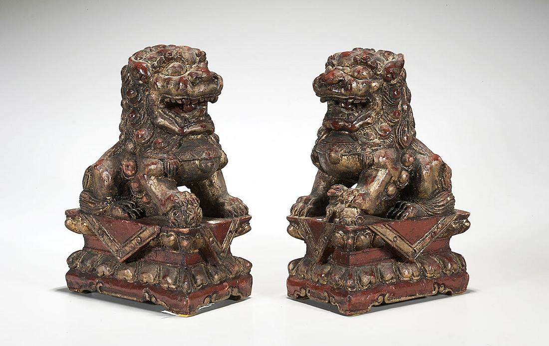 Pair Antique Chinese Lacquered Wood Lions: Pair of antique Chinese lacquered wood Fo lions; Provenance: the Estate of Ted Adameck; H: 10" (each, approx.)