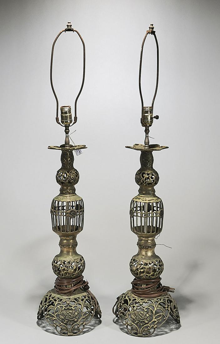 Pair Openwork Brass Lamps: Pair of openwork brass lamps; Provenance: the Estate of Ted Adameck; H: 36 1/2" (each, overall)