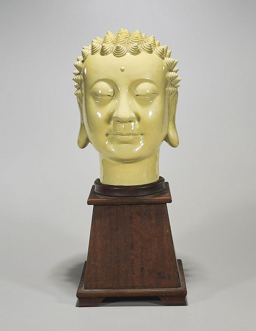 Chinese Glazed Porcelain Head of Buddha: Chinese glazed porcelain head of Buddha; Provenance: the Estate of Ted Adameck; H: 11 1/2" (head, approx.); wood stand