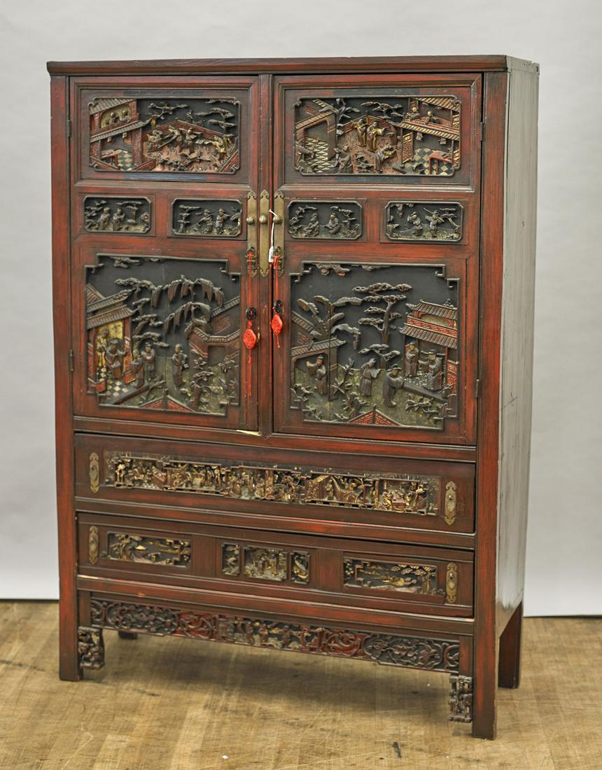 Antique Chinese Carved & Lacquered Wood Cabinet (1 of 1)