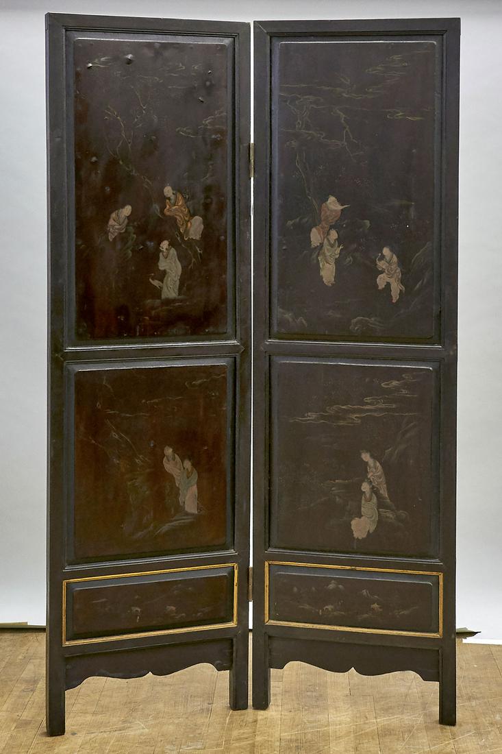 Antique Chinese Two-Panel Painted Wood Screen (1 of 1)
