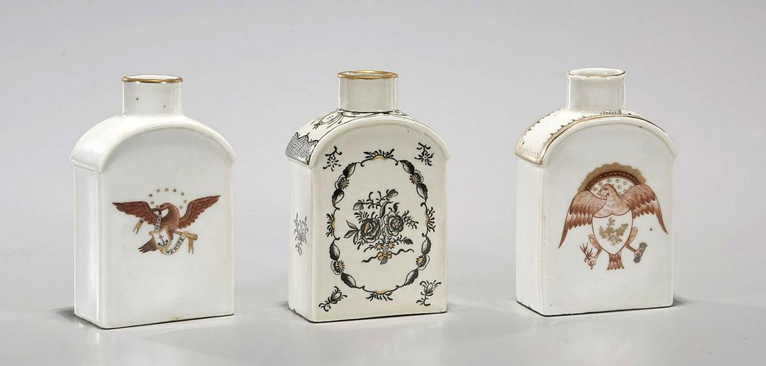 Group of Three Gilt Enameled Porcelain Flasks: Group of three gilt enameled porcelain flasks; H: 5" (each)