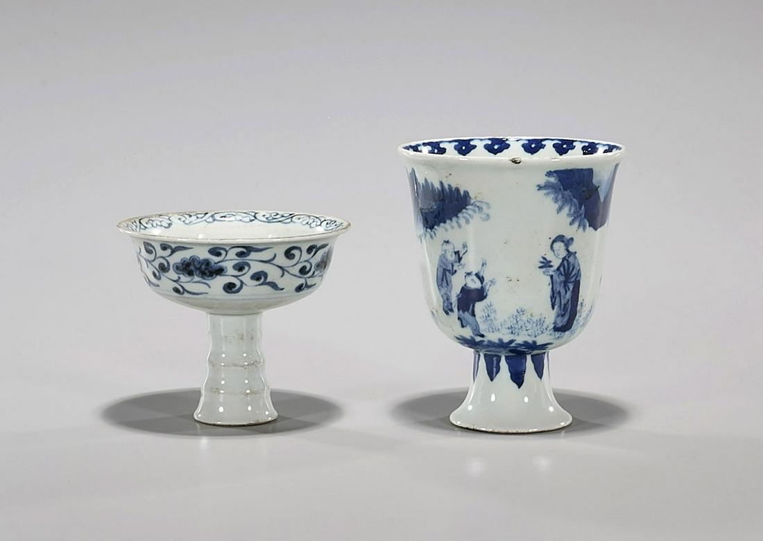 Two Chinese Blue & White Porcelain Stem Cups (1 of 3)