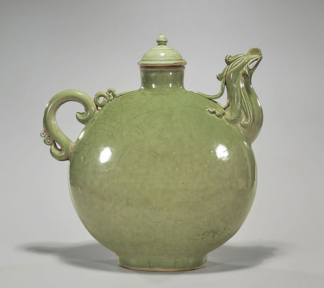 Large Chinese Yuan-Style Celadon Glazed Covered Ewer (1 of 3)