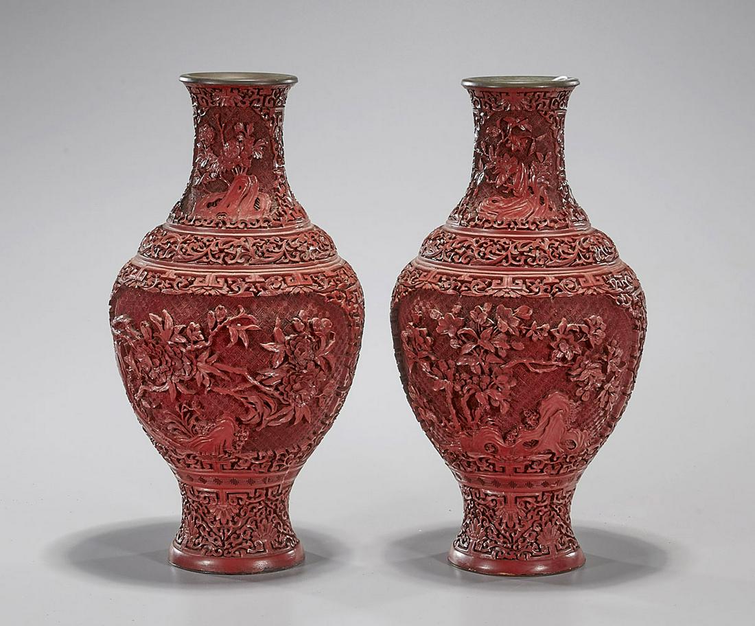 Pair Chinese Molded Cinnabar-Like Vases (1 of 3)
