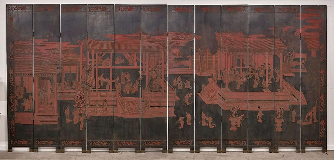 Massive Chinese Twelve-Panel Lacquer Screen (1 of 2)