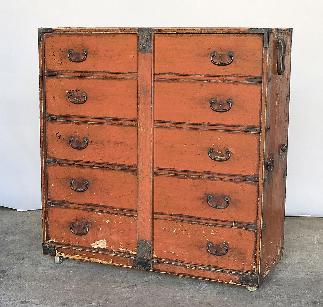 Large Japanese Red Lacquered Meiji Period Tansu: Kiyaki wood tansu with five drawers; metal mounts; on rollers;H: 43 1/2" x 41 1/2" x 16 1/2" (approx.);Due to COVID-19 restrictions, our employees are working remotely. It may not be possible to provi
