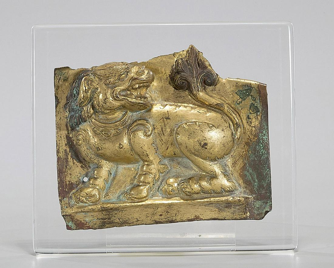 Antique Tibetan Gilt Copper Repousse Lion (1 of 1)