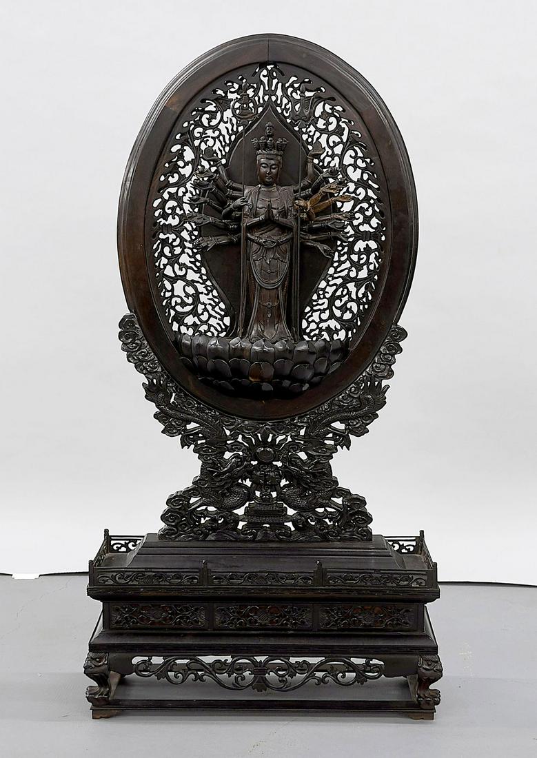 Large Chinese Carved Multi-Armed Guanyin: Large Chinese carved multi-armed figure of Guanyin; H: 47"; Due to COVID-19 restrictions, our employees are working remotely. It may not be possible to provide condition reports and additional photos 