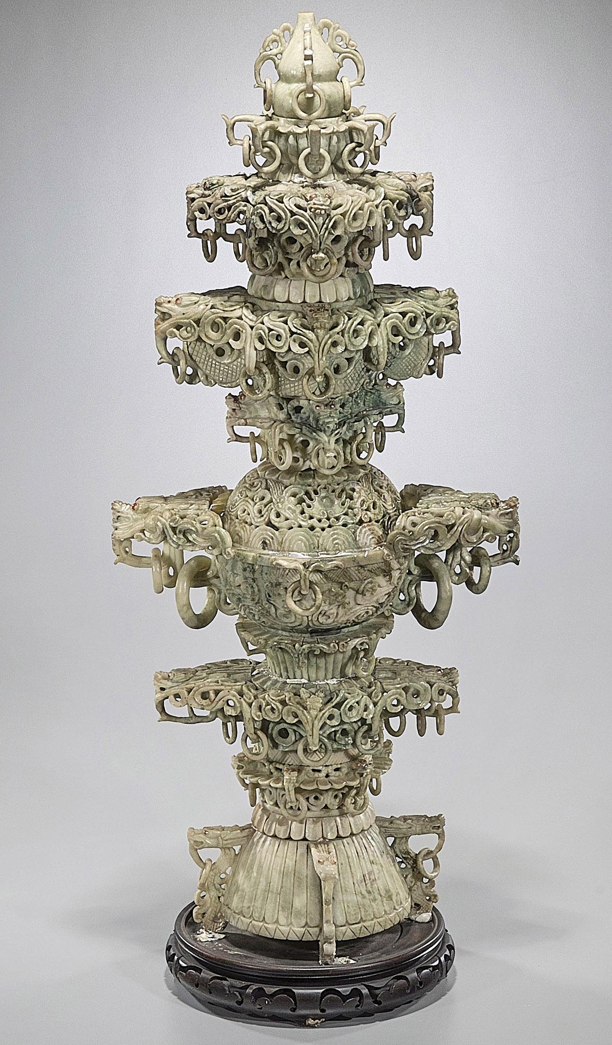 Large Chinese Sectional Hardstone Censer: Large Chinese sectional hardstone censer; H: 36" (approx.); Due to COVID-19 restrictions, our employees are working remotely. It may not be possible to provide condition reports and additional photos