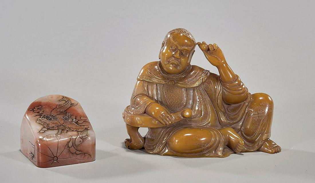 Two Chinese Soapstones: Two Chinese soapstones; one of reclining Lohan; together with seal; D: 5" (larger); Due to COVID-19 restrictions, our employees are working remotely. It may not be possible to provide condition report