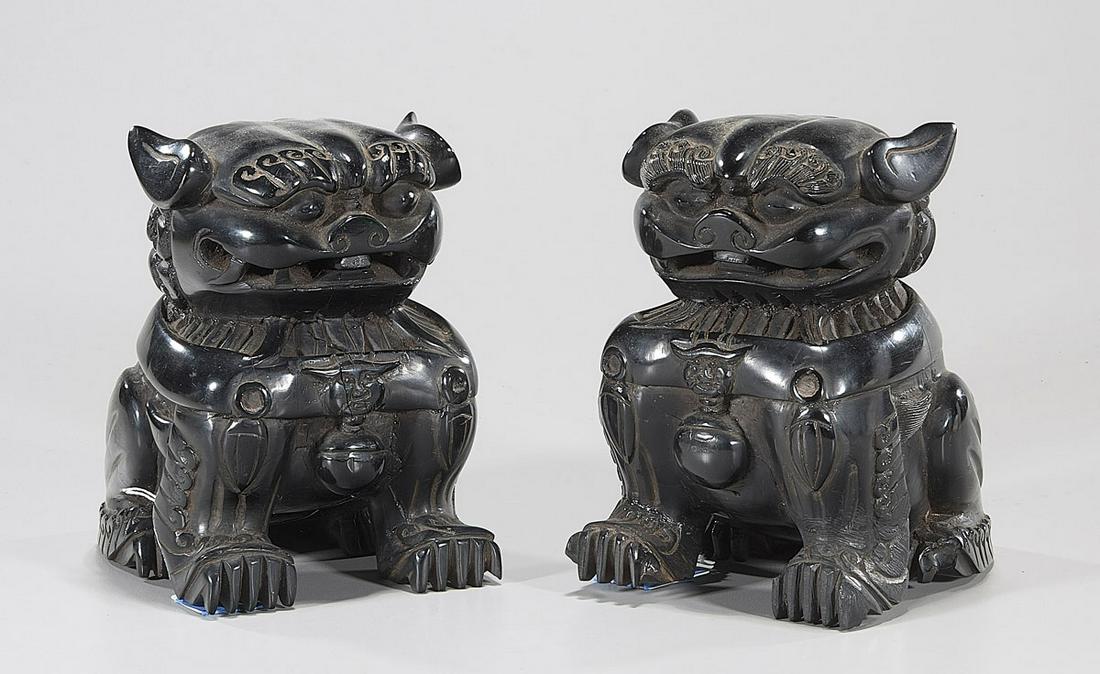 Pair Old Chinese Lacquered Wood Lions: Pair of old Chinese lacquered wood lions; Provenance: the Estate of Ted Adameck; H: 6" (each) ; Due to COVID-19 restrictions, our employees are working remotely. It may not be possible to provide cond