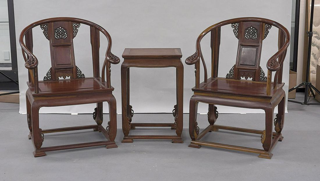 Pair of Chinese Carved Hardwood Arm Chairs With Side (1 of 2)