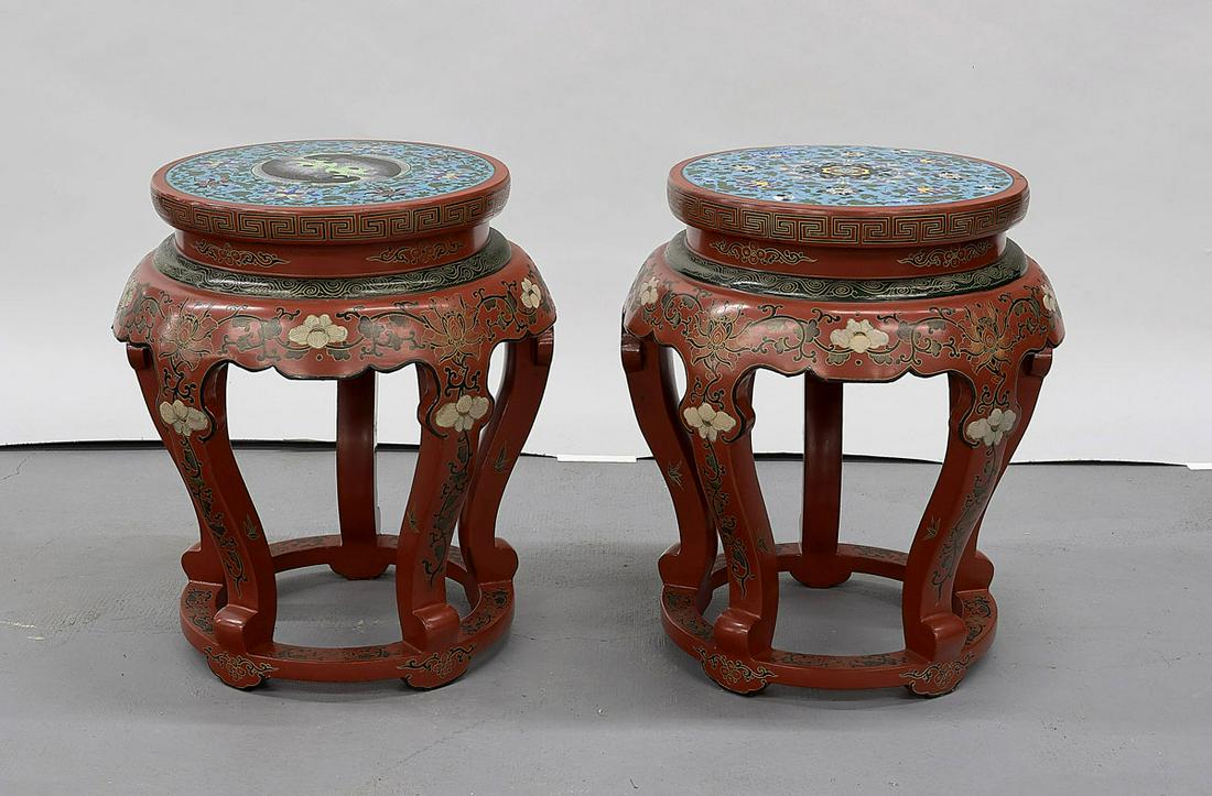 Pair Chinese Cloisonne Inset Red Lacquer Drum Seats (1 of 2)