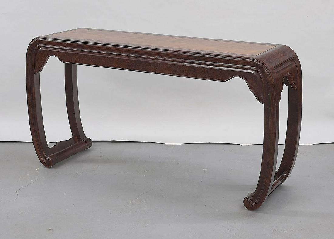 Henredon Hardwood Table with Inlaid Wood Top: Henredon hardwood table with inlaid wood top; 30" x 55" x 16"; Due to COVID-19 restrictions, our employees are working remotely. It may not be possible to provide condition reports and additional phot