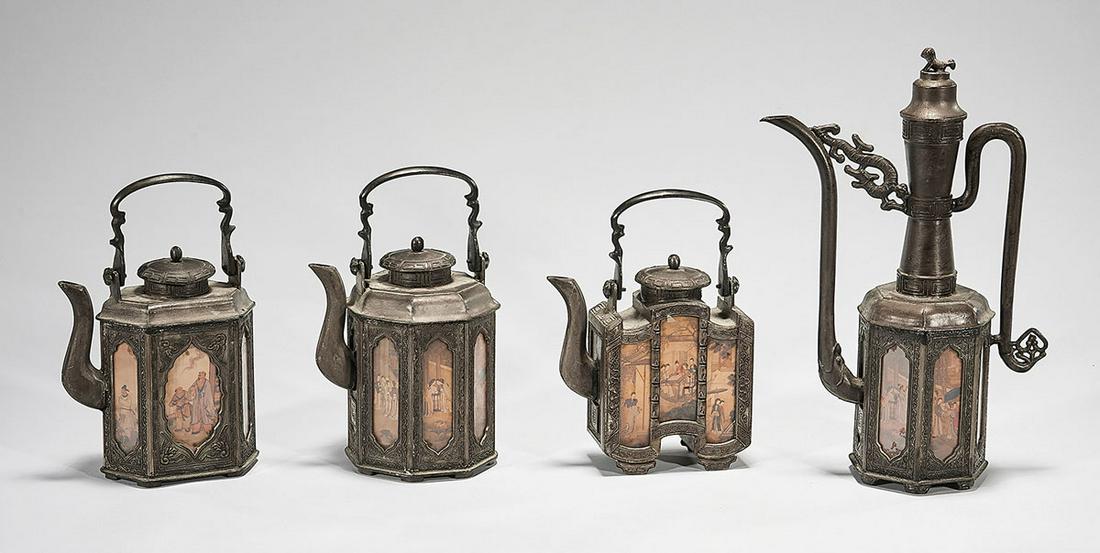 Group of Four Chinese Pewter Covered Teapots (1 of 8)