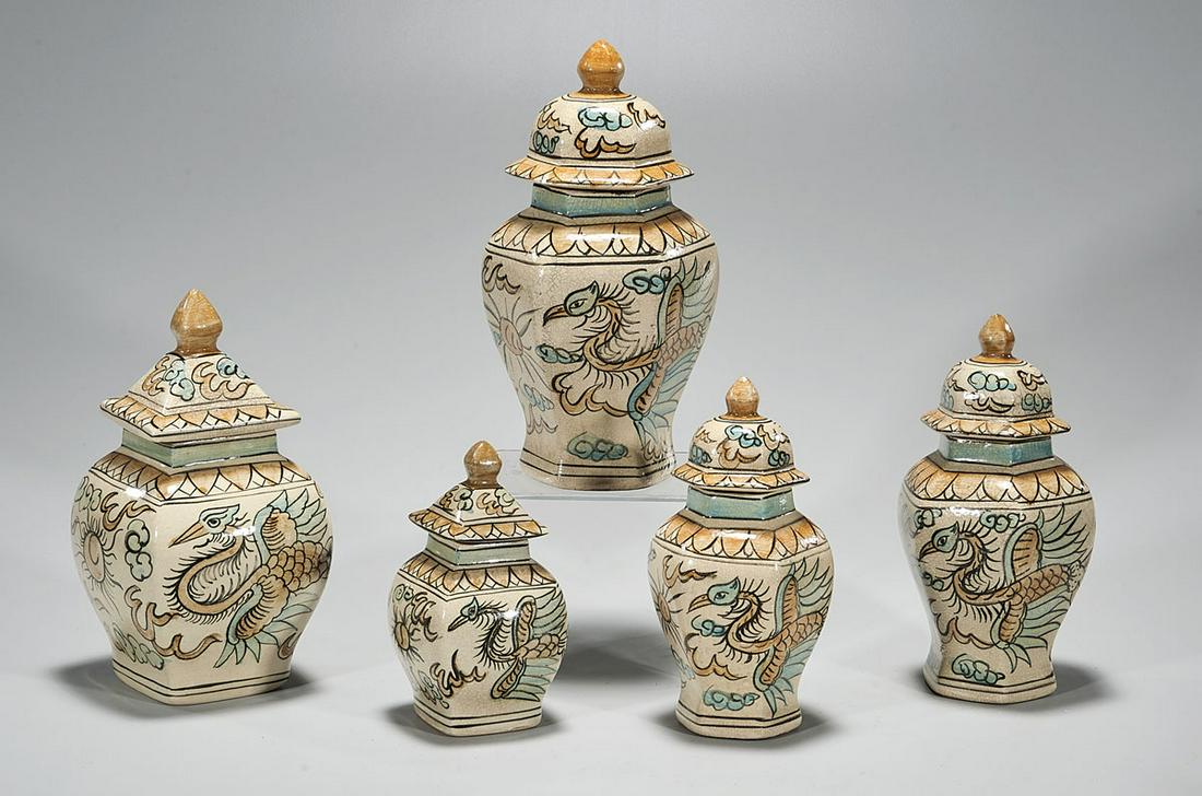Group of Five Chinese Hand Painted Covered Vessels (1 of 3)