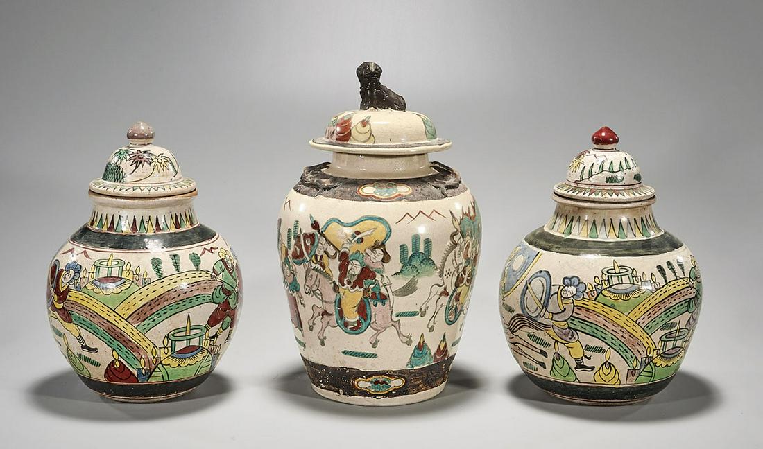 Three Chinese Hand Painted Covered Ceramic Jars (1 of 3)