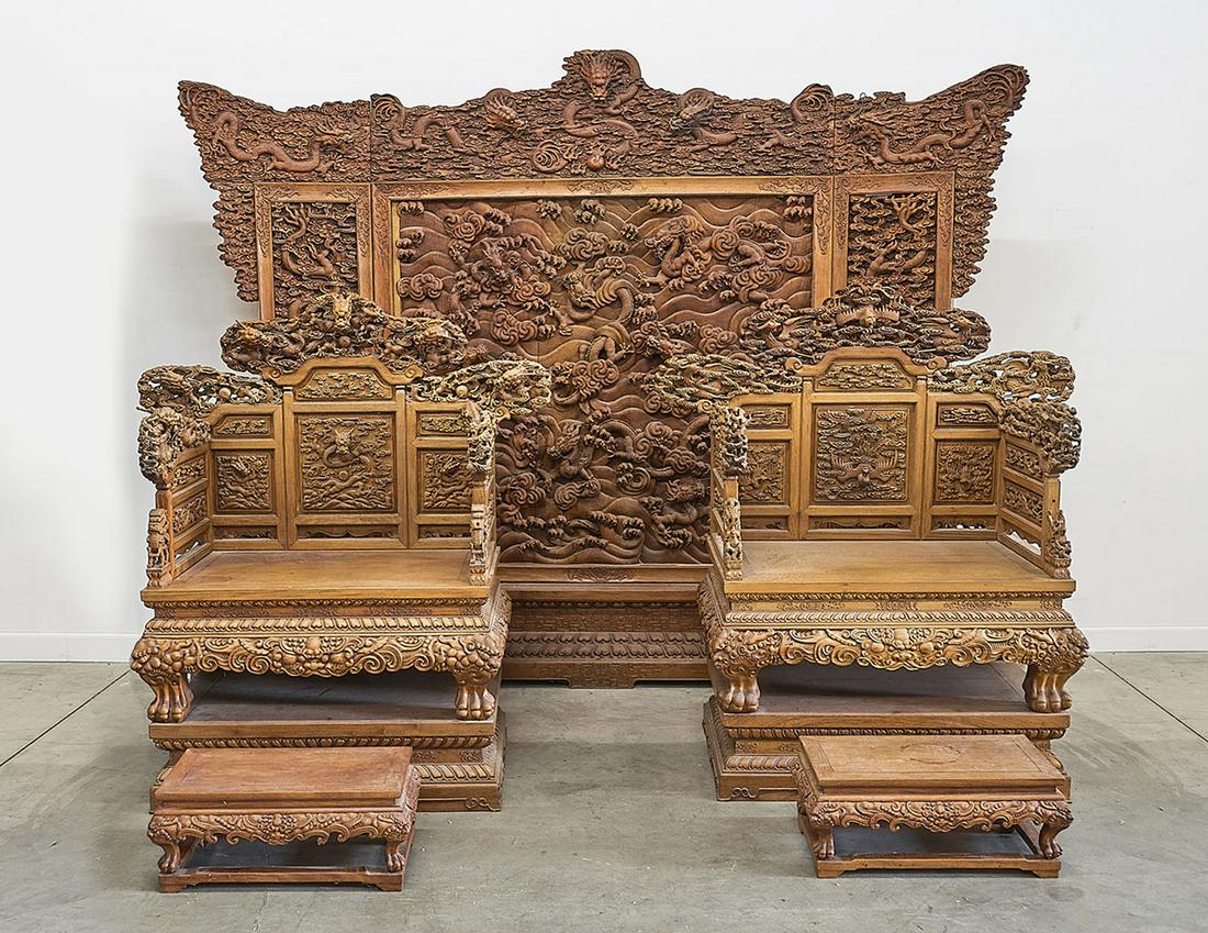 Two Elaborately Carved Chinese Wood Thrones With Screen (1 of 19)