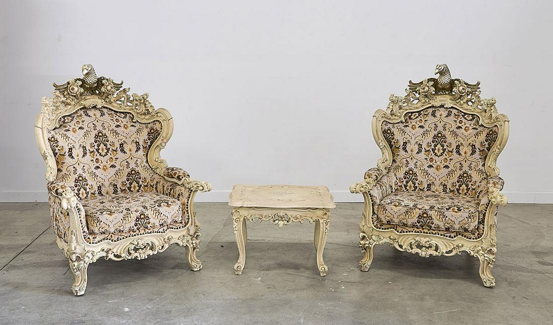 Pair Italian Baroque-Style Chairs With Table: two chairs & one end/side table; 49" x 34" x 57" (each chair, approx.). condition: used: as-is. This item is sold as-is with all defects and faults. Any note on condition is not a guarantee that addit