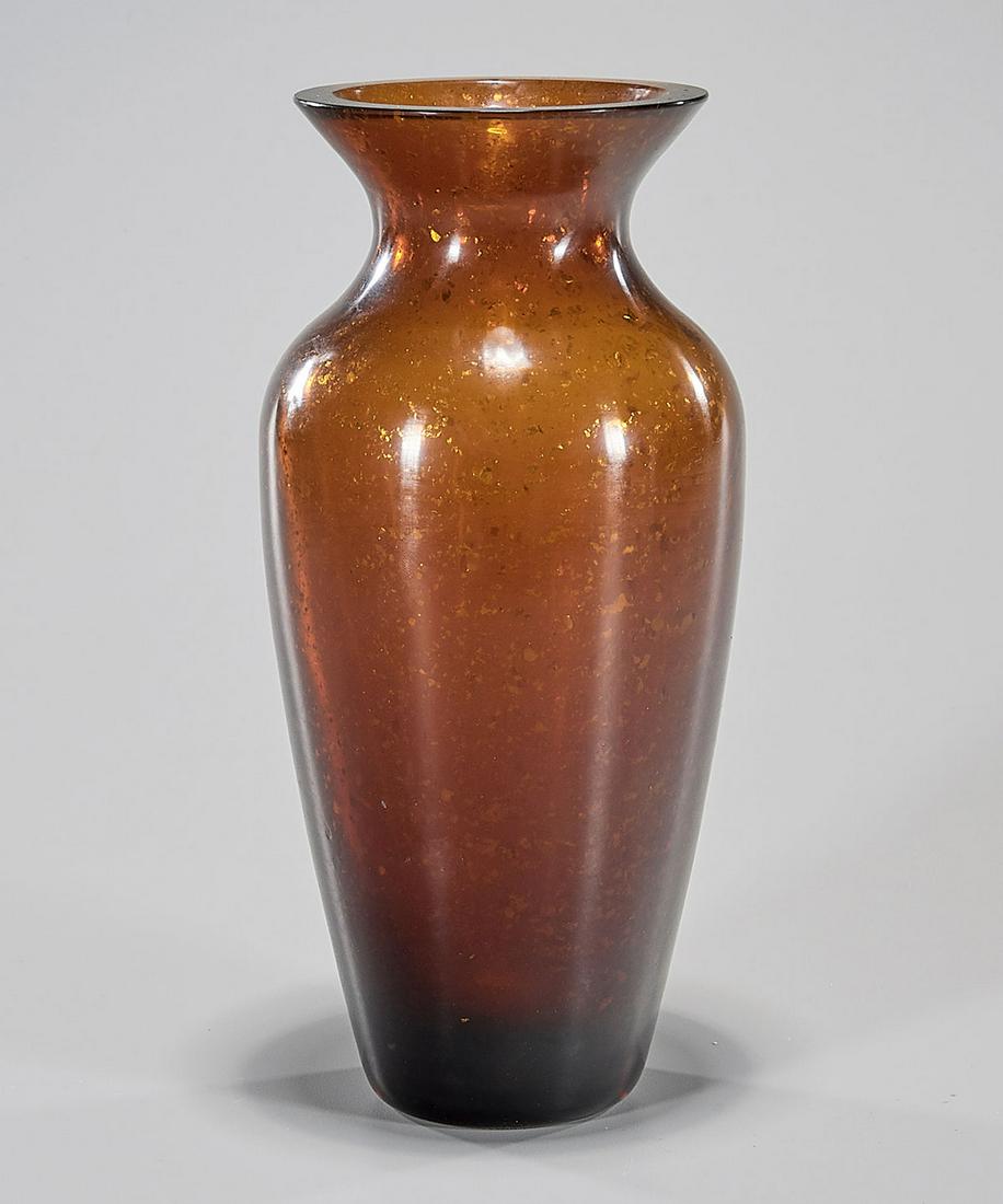 Chinese Amber Colored Beijing Glass Vase: Chinese amber colored Beijing Glass vase, with gold flakes; 10" x 5" (approx.)