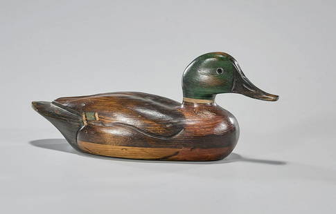 Hand Carved Duck Decoy by Tom Taber: Duck decoy by Tom Taber, from "Old Nat's Pond"; L: 15 1/2" (approx.)