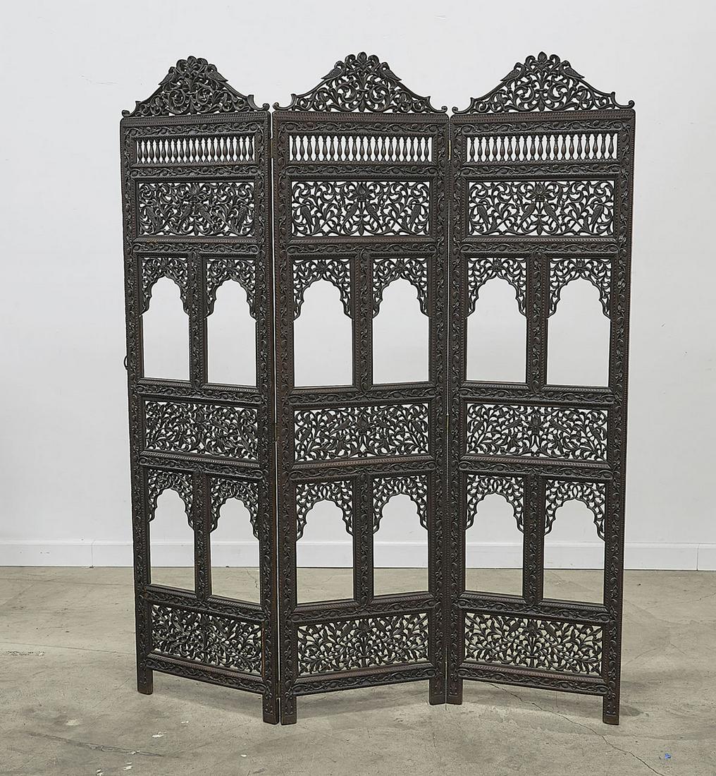 Antique Indian Carved Rosewood Three Panel Screen (1 of 1)